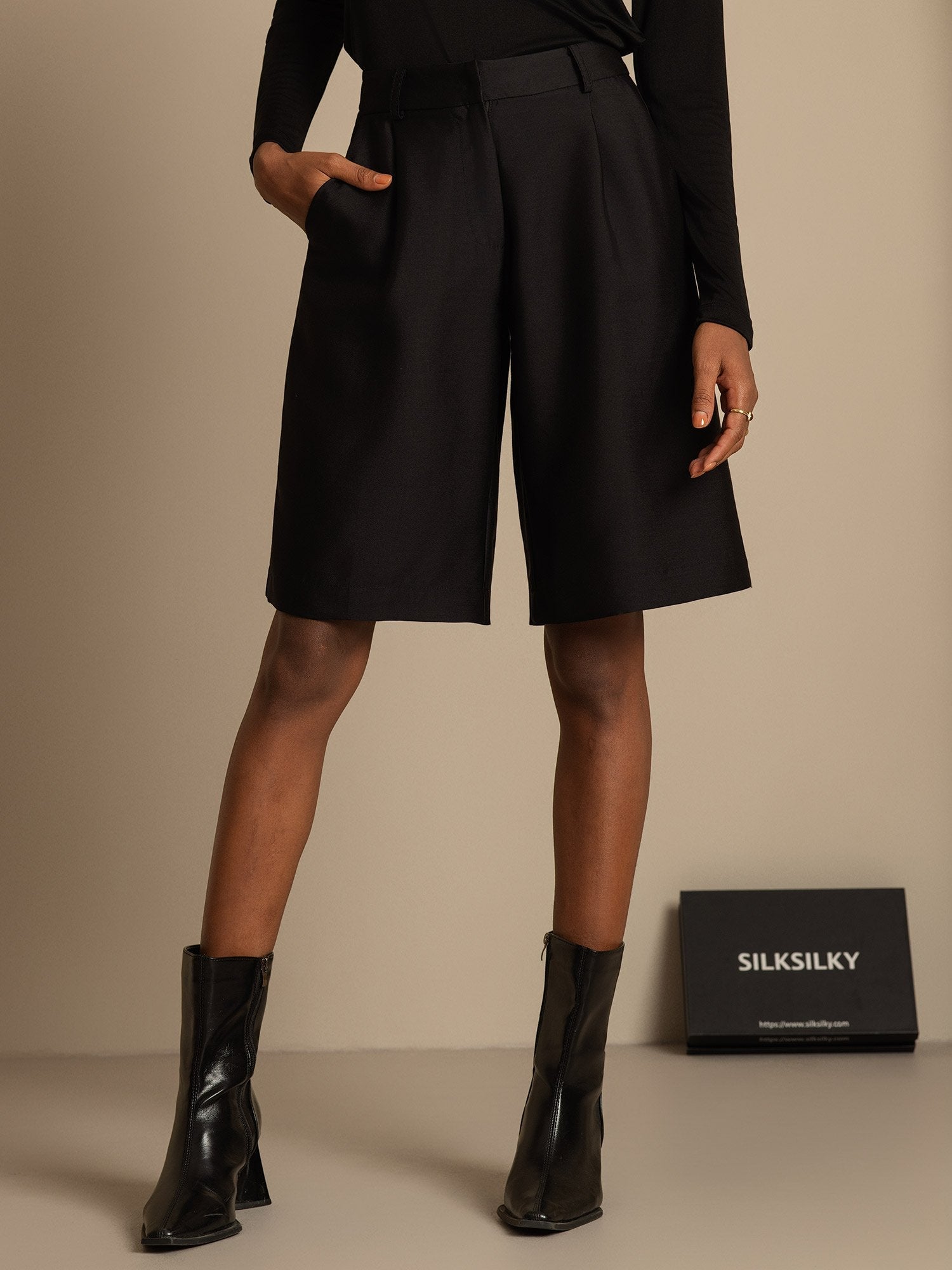 [Zwart] SilkSilky-NL 32Momme Silk-Wool Blend Womens Shorts 003,