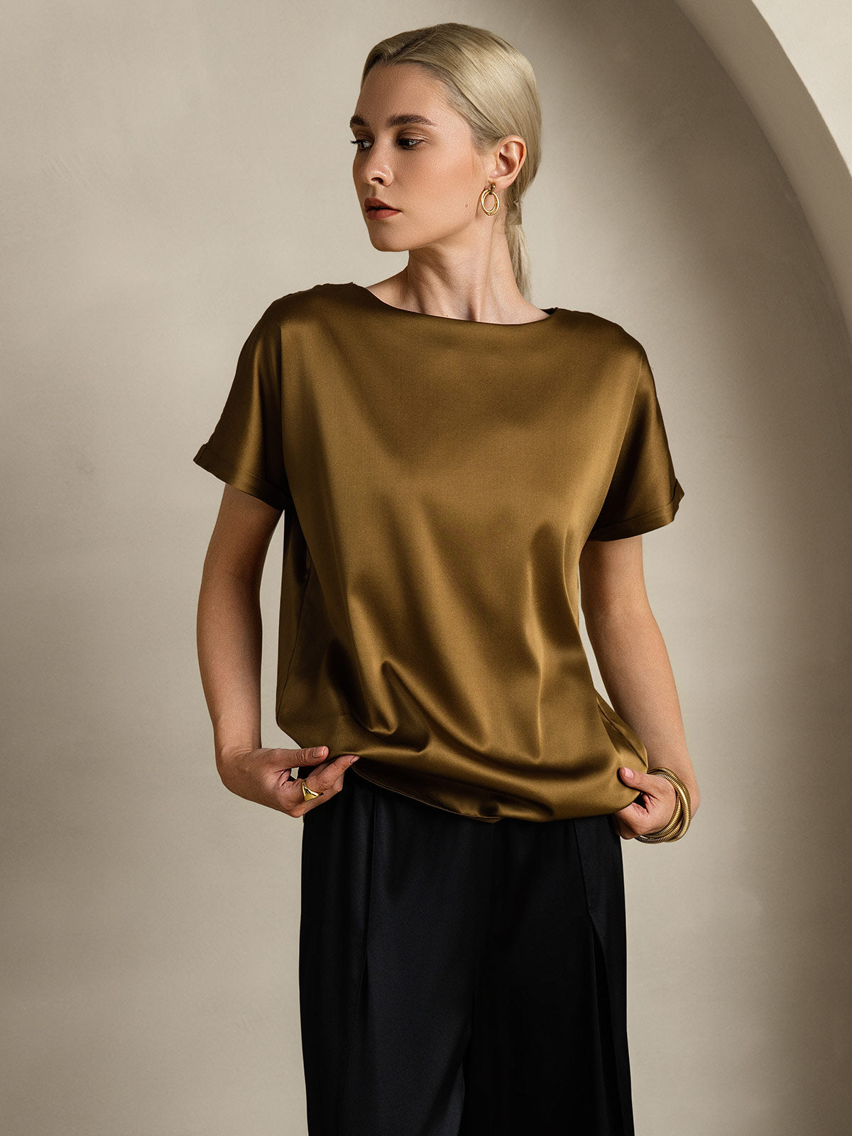 [Bruin] SilkSilky-NL 19Momme Zijde Ronde Hals Dames T-Shirt 004