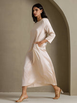 [Beige] SilkSilky-NL 3/4 Sleeve Round Neck Jurk 007