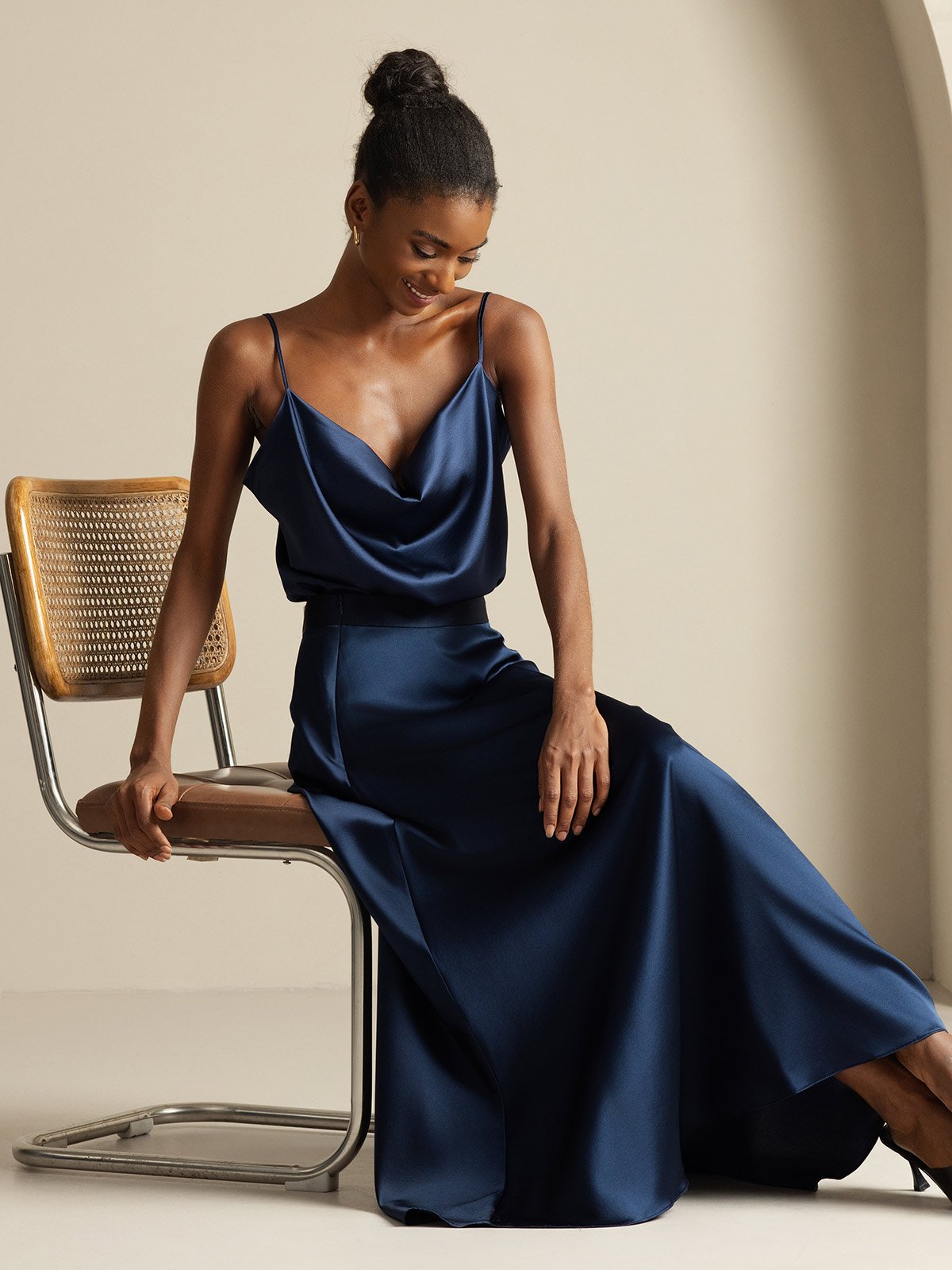 [Donkerblauw] SilkSilky-NL 19Momme Spaghetti Bandjes Waterval Hals Women''s Outfit Sets 008