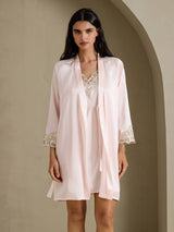 [Roze] SilkSilky-NL 3/4 Sleeve V Neck Nachthemd&Kamerjas Set 001