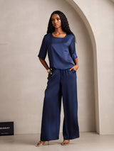 [Donkerblauw] SilkSilky-NL Halve Mouw Ronde Hals Dames Pyjama Set 006