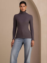 [Donkergrijs] SilkSilky-NL Long Sleeve Turtle Neck Dames T-Shirt 004