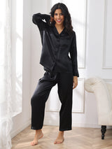 [Zwart] SilkSilky-NL Long Sleeve Lapel Collar Dames Pyjama Set 005