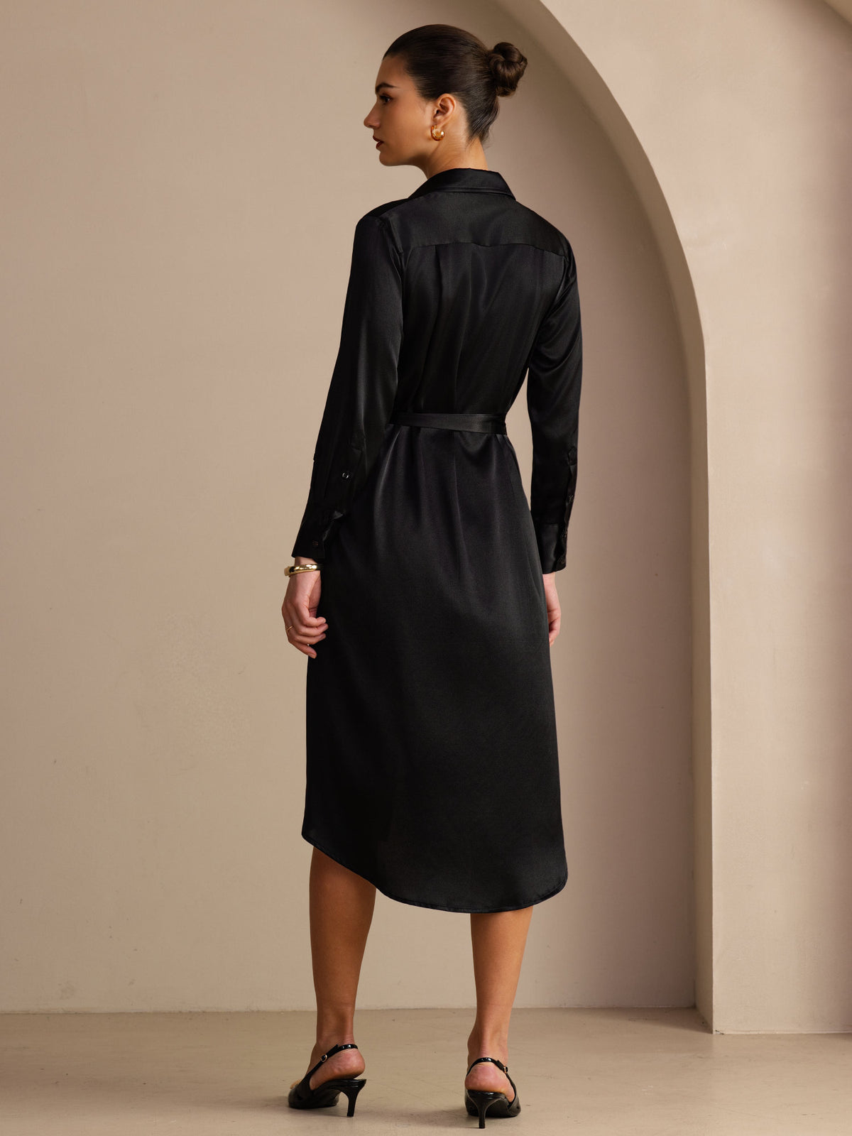 [Zwart] SilkSilky-NL Long Sleeve Lapel Collar Jurk 002