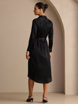 [Zwart] SilkSilky-NL Long Sleeve Lapel Collar Jurk 002