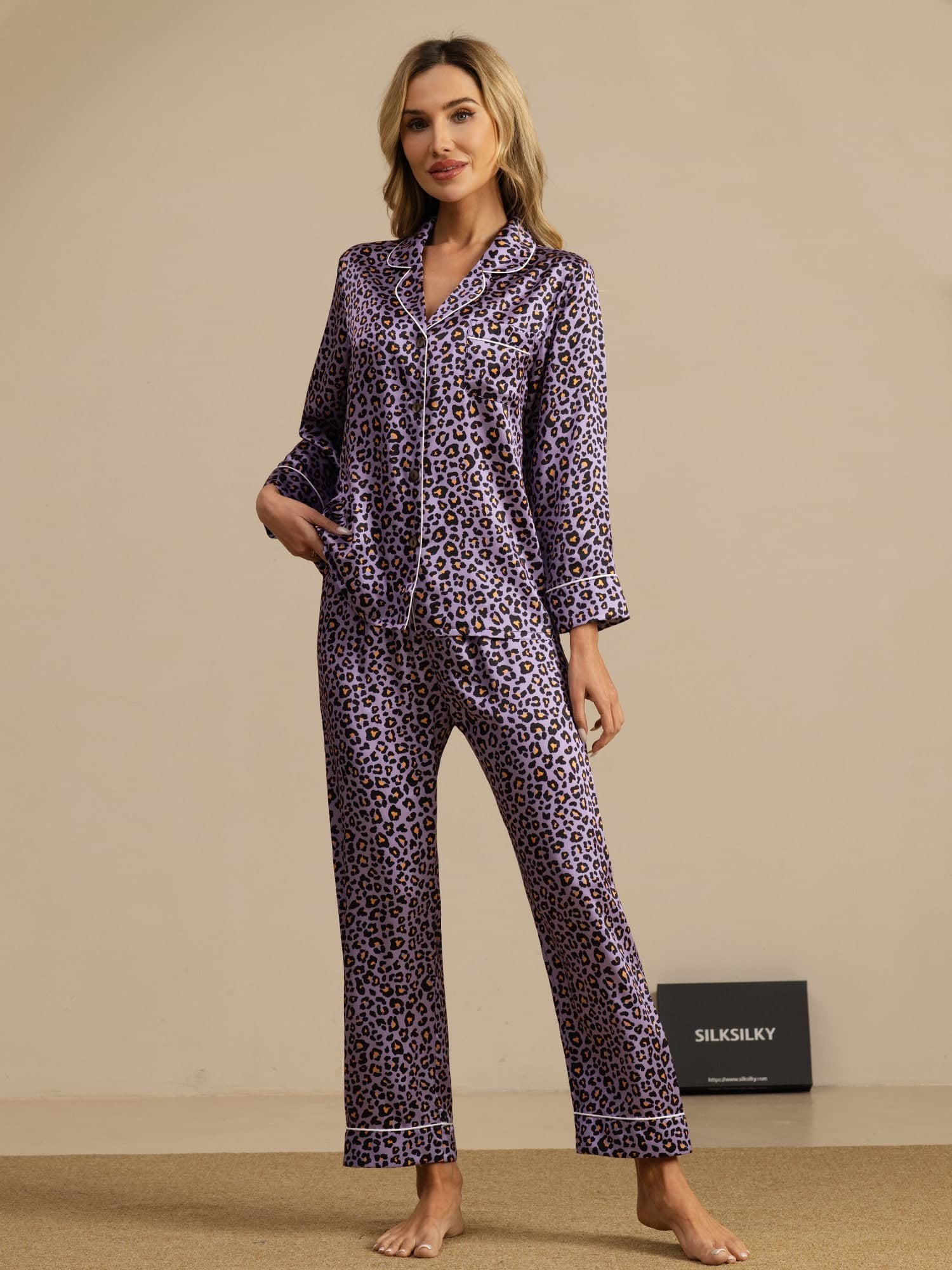 [Paarse Luipaard] SilkSilky-NL 19Momme Lange Mouw Notchkraag Dames Pyjama Set 006