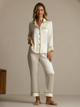 [Wit] SilkSilky-NL Lange Mouw Notchkraag Dames Pyjama Set 007