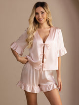 [Roze] SilkSilky-NL Short Sleeve V Neck Dames Pyjama Set 001