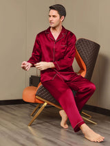 [Wijn] SilkSilky-NL Pure Silk Lange Mouw Revers Heren Pyjama Set 007