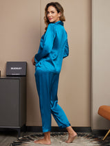 [Koningsblauw] SilkSilky-NL Long Sleeve Lapel Collar Dames Pyjama Set 002