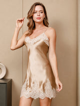 [Champagne] SilkSilky-NL 3/4 Sleeve V Neck Nachthemd&Kamerjas Set 004