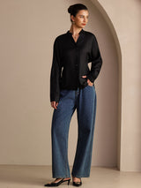 [Zwart] SilkSilky-NL Long Sleeve Split Blouse 006