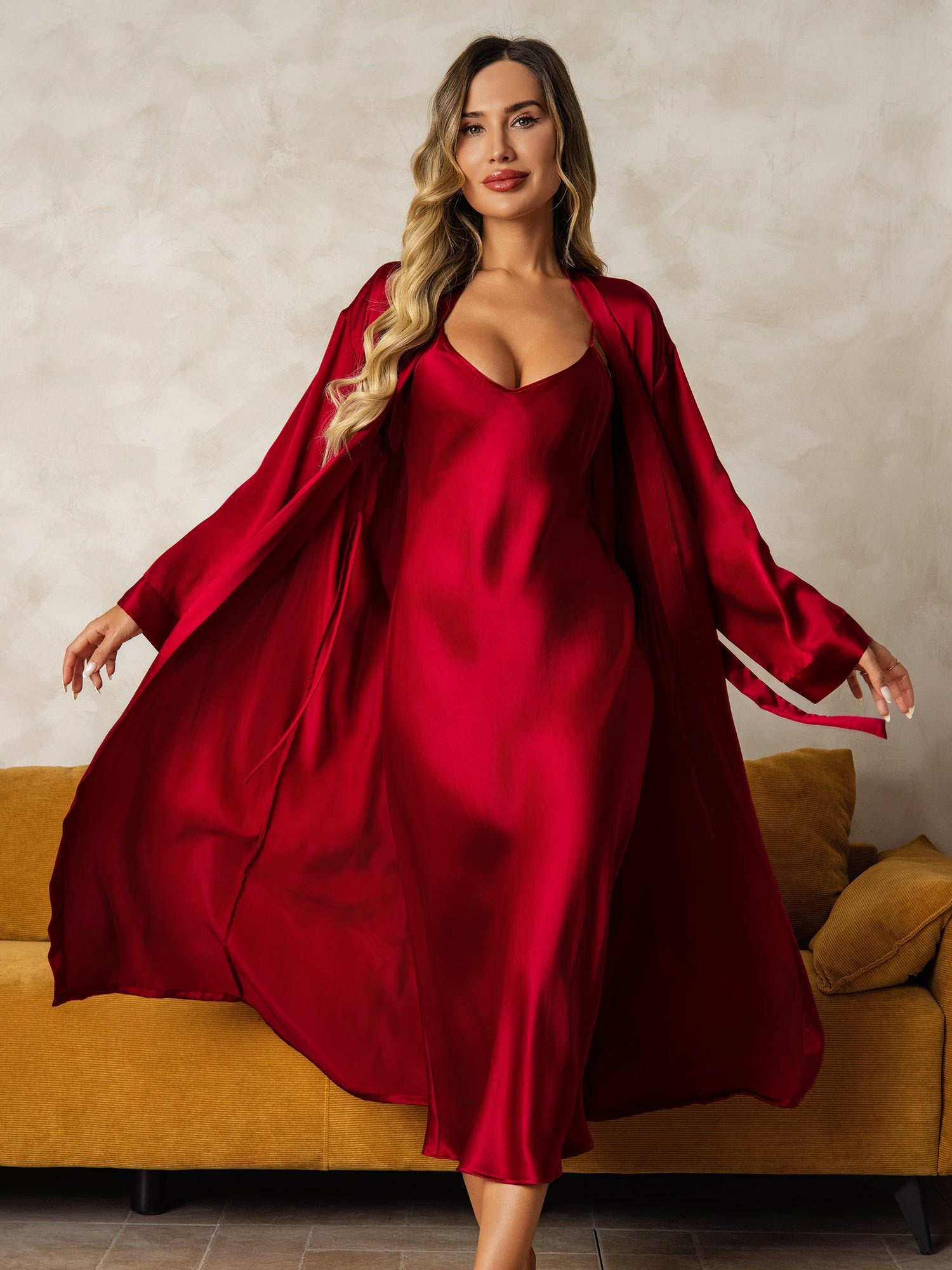 [Wijn] SilkSilky-NL Zijde Nightgown&Robe Set 004