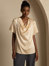 [Champagne] SilkSilky-NL 19Momme Korte Mouw Waterval Hals Blouse 001