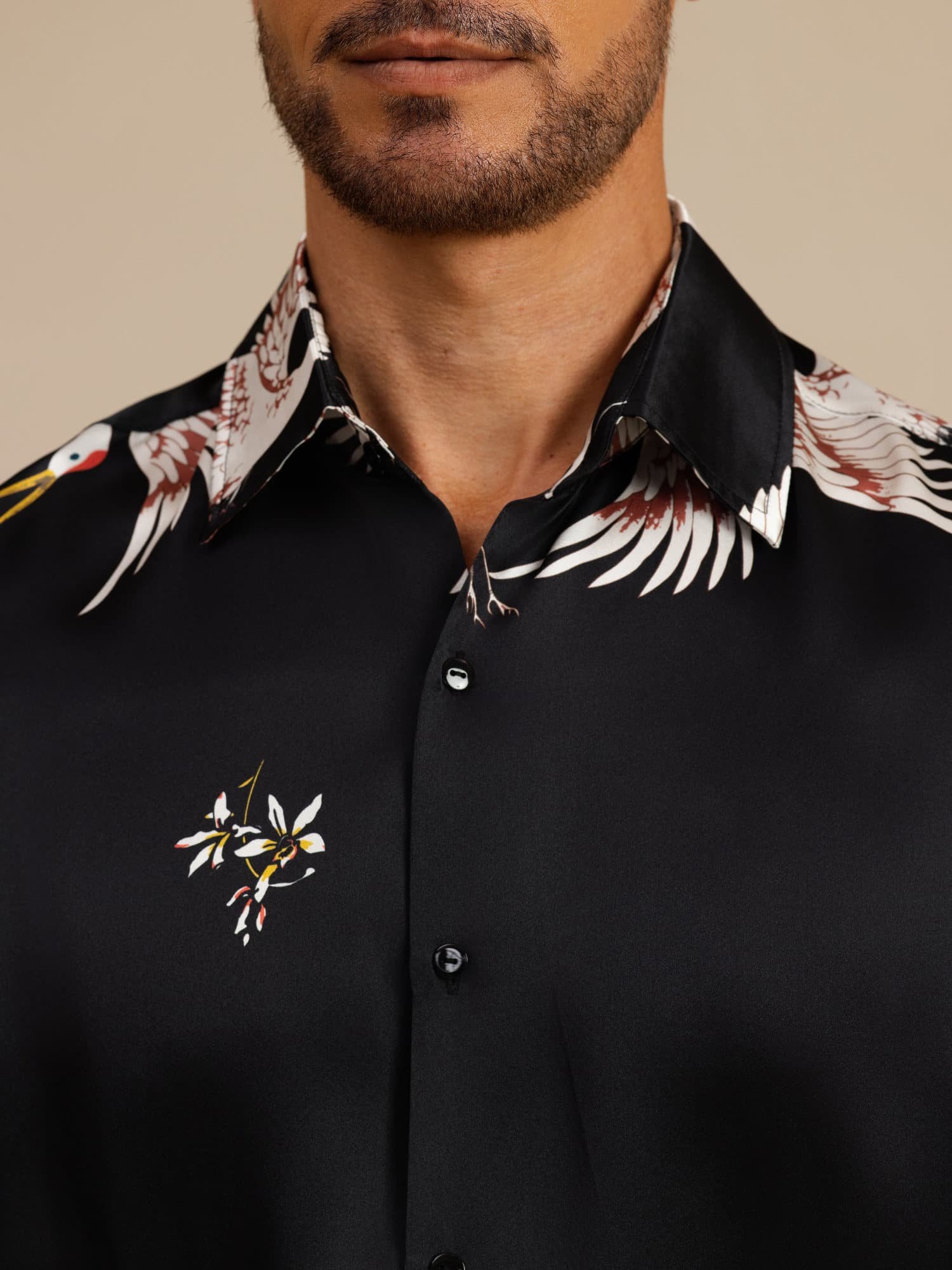 [Zwart] SilkSilky-NL 19Momme Lange Mouw Reverskraag Heren Shirt 007