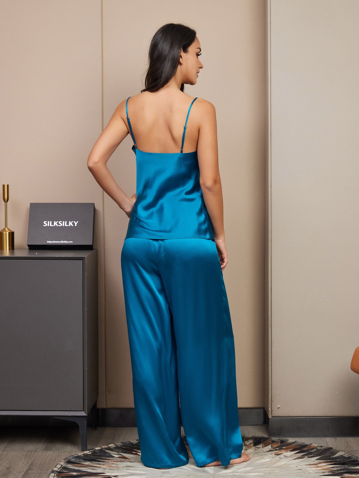 [Koningsblauw] SilkSilky-NL Spaghetti Bandjes V Hals Cami-Set 002