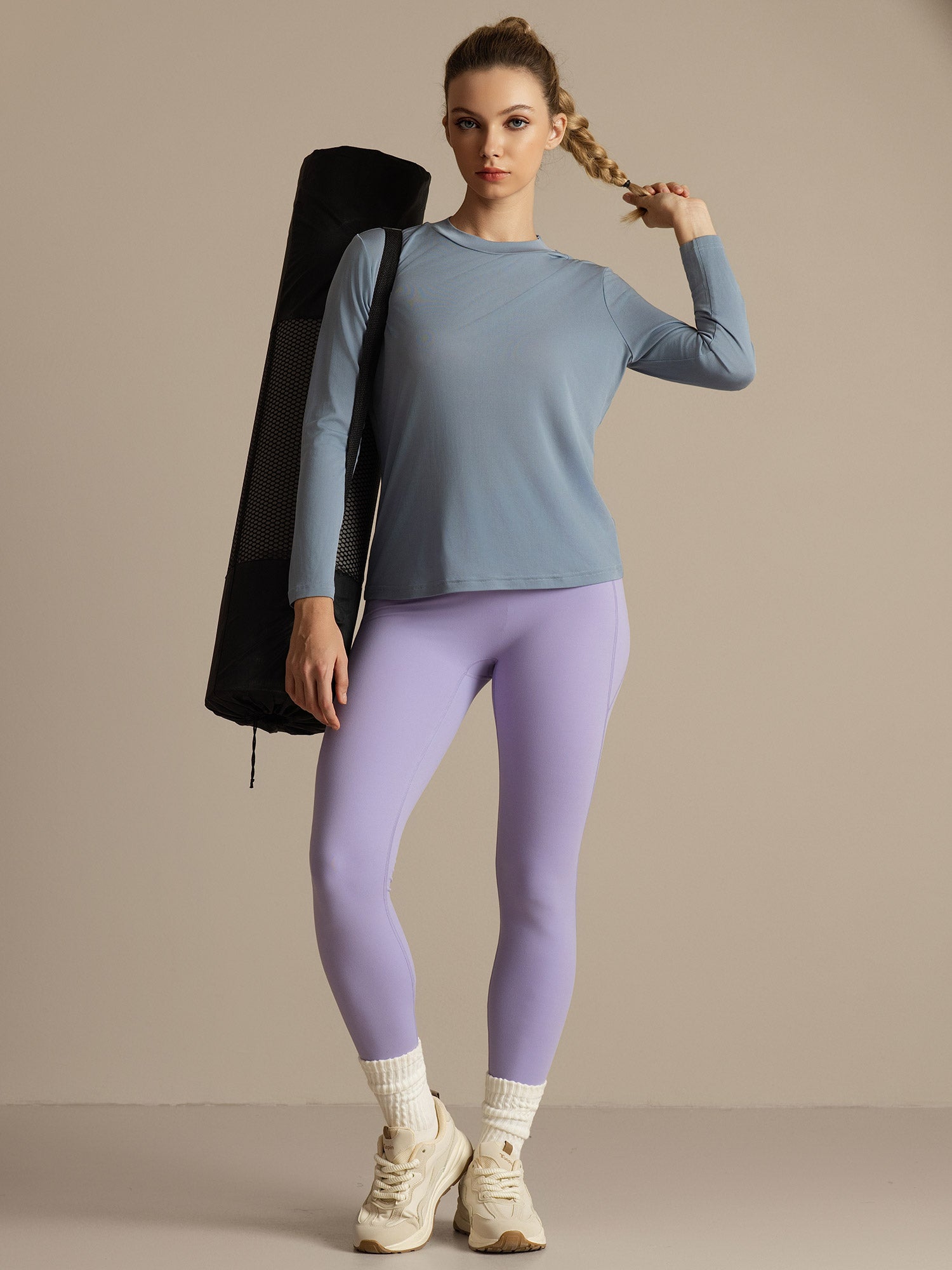 [Grijsachtig Blauw] SilkSilky-NL Lange Mouw Crew Hals Dames T-Shirt 010