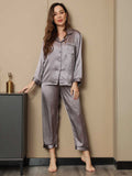 SilkSilky NL Pure Silk Lange Mouw Revers Dames Pyjama Set Grijs 005