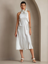 [Wit] SilkSilky-NL 19Momme Stretch Silk Charmeuse Sleeveless Tie Neck Jurk 008