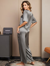 [Donkergrijs] SilkSilky-NL Halve Mouw Ronde Hals Dames Pyjama Set 002