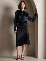 [Zwart] SilkSilky-NL Long Sleeve Tie Neck Blouse 006