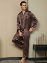 [Koffie] SilkSilky-NL Pure Silk Lange Mouw Revers Heren Pyjama Set 004
