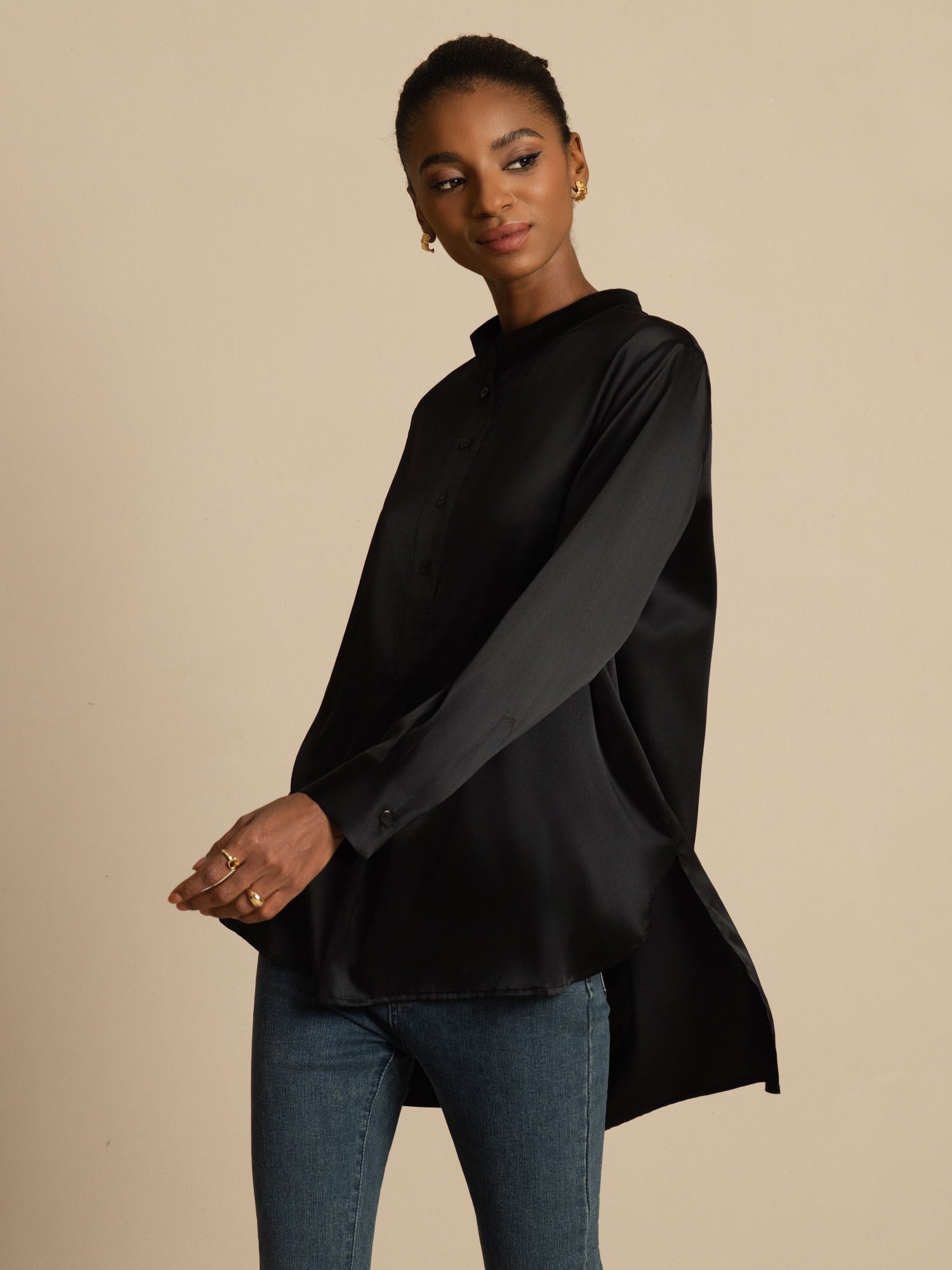 [Zwart] SilkSilky-NL 19Momme Lange Mouw Staande Kraag Blouse 003