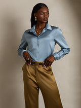 [Grijsachtig Blauw] SilkSilky-NL Long Sleeve Lapel Collar Dames Blouse 004