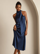 [Donkerblauw] SilkSilky-NL Sleeveless Tie Neck Jurk 006