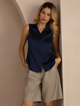 [Donkerblauw] SilkSilky-NL Sleeveless Lapel Collar Dames Blouse 006