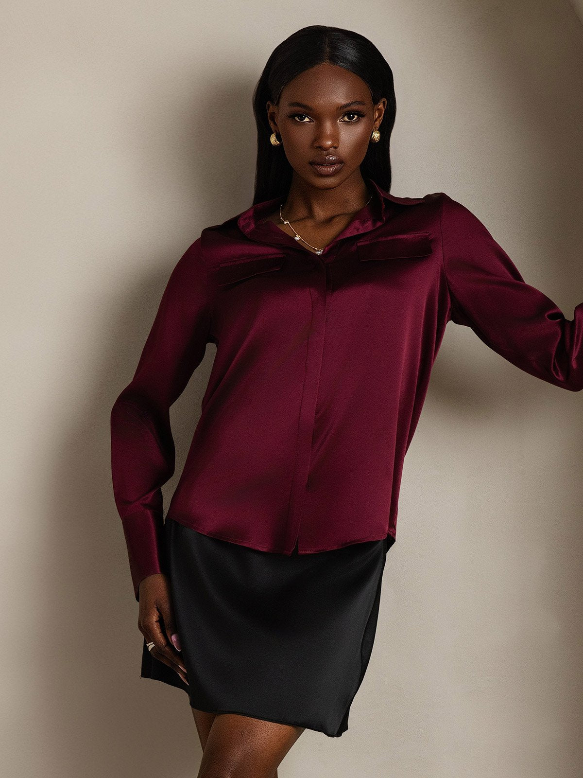 SilkSilky-NL 19Momme Zijde Lange Mouw Kraag Dames Blouse Donkerrood 003