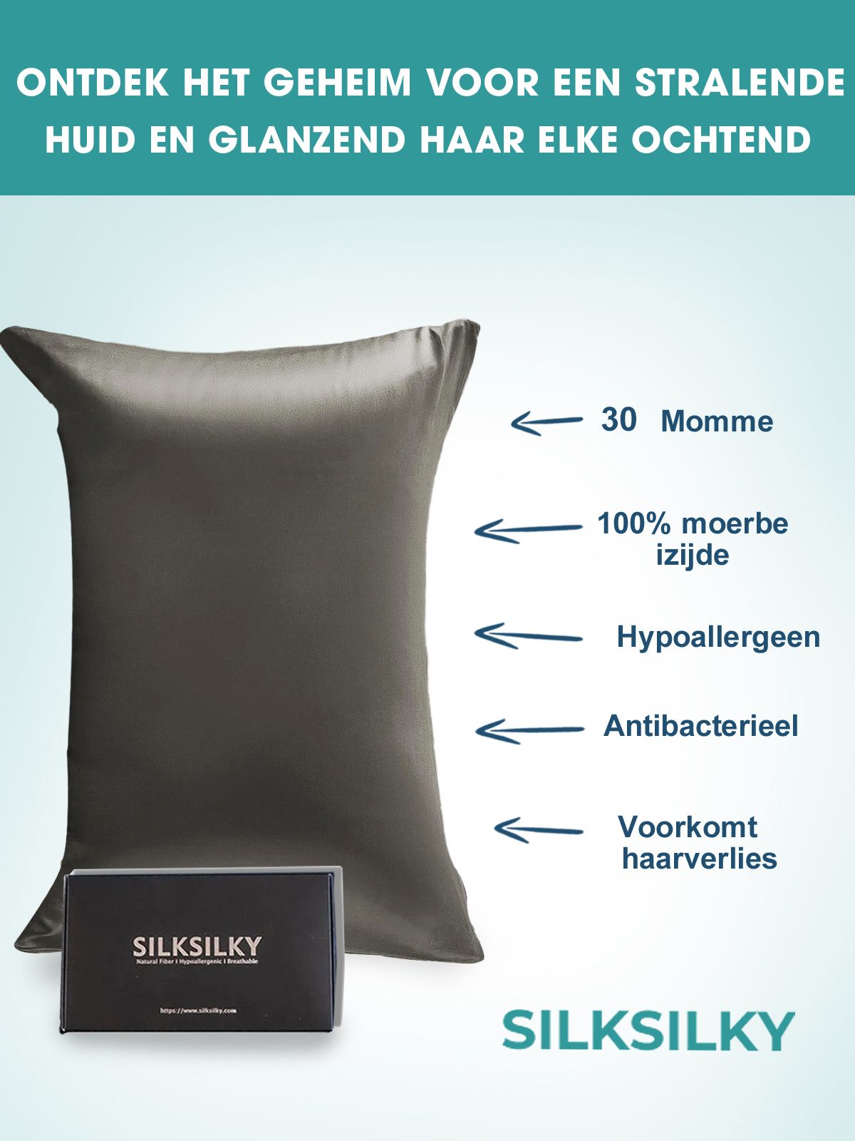 SilkSilky NL 30Momme Pure Silk Pillowcase Donkergrijs 003