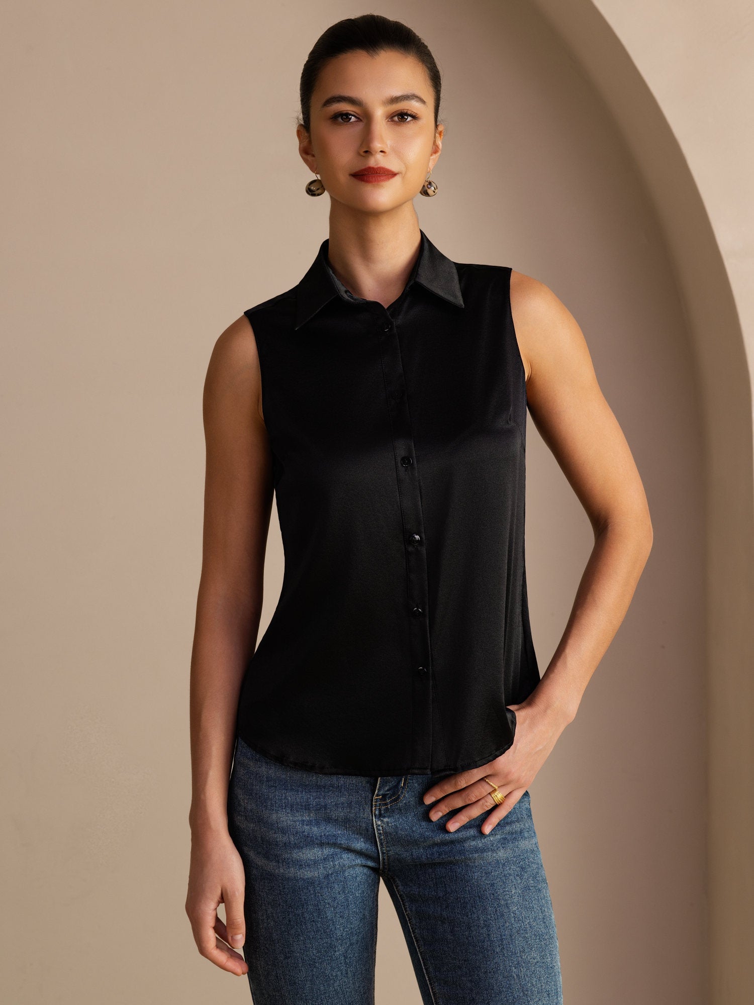 [Zwart] SilkSilky-NL Sleeveless Lapel Collar Dames Blouse 001
