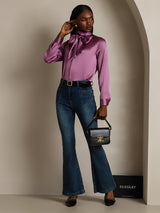 [Donkerpaars] SilkSilky-NL Long Sleeve Tie Neck Blouse 009