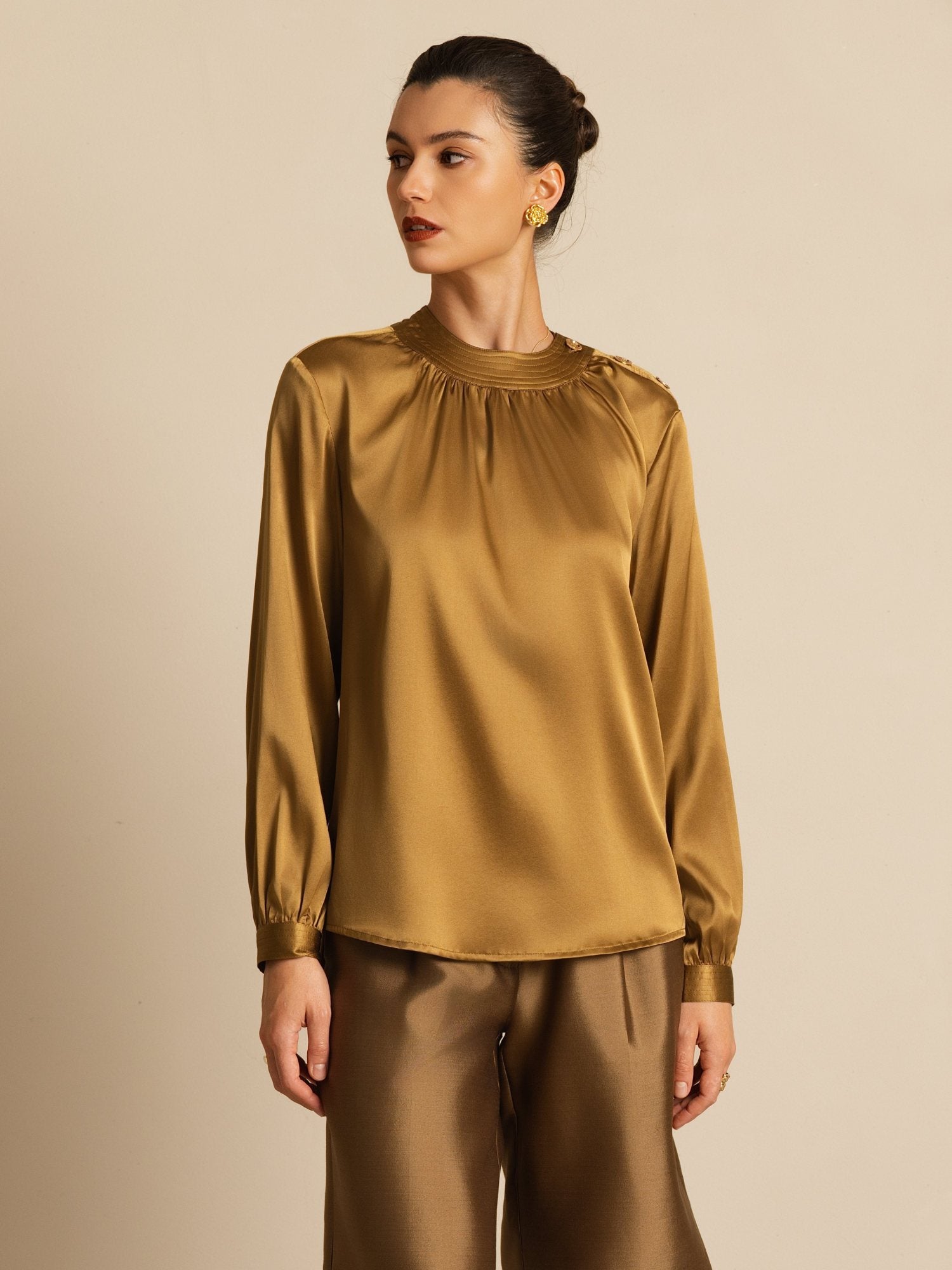 [Brons] SilkSilky-NL 19Momme Lange Mouw Ronde Hals Blouse 004