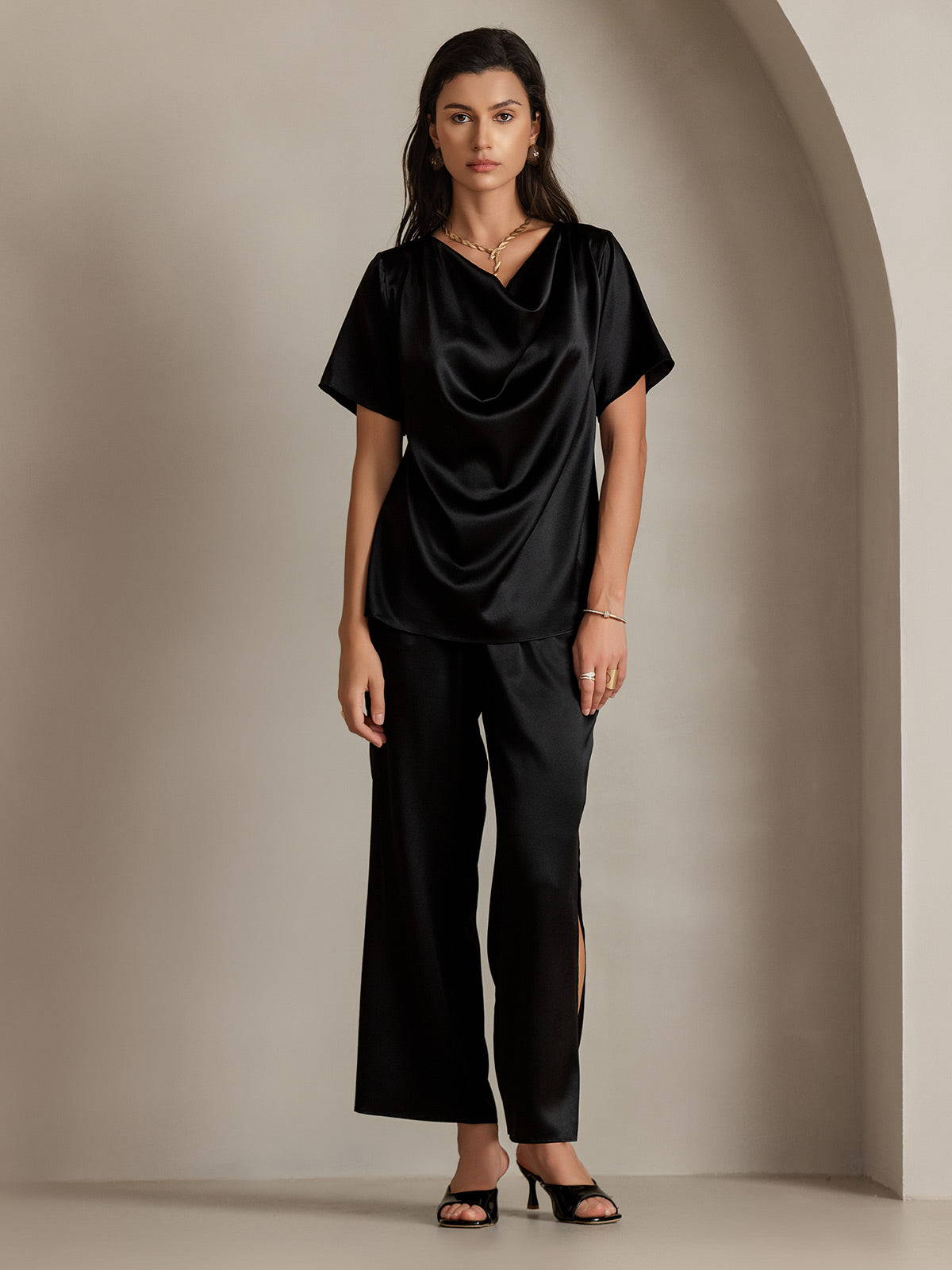 [Zwart] SilkSilky-NL 19Momme Zijde Korte Mouw Cowl Hals Dames T-Shirt 004