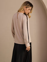 [Tan] SilkSilky-NL Long Sleeve Keyhole Neck Blouse 002