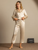 [Champagne] SilkSilky-NL Long Sleeve Lapel Collar Dames Pyjama Set 003