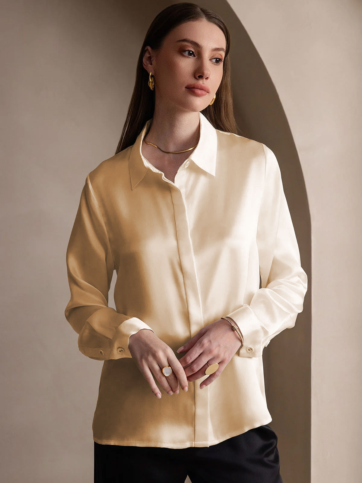 [Champagne] SilkSilky-NL 19Momme Zijde Lapel Collar Dames Blouse 005