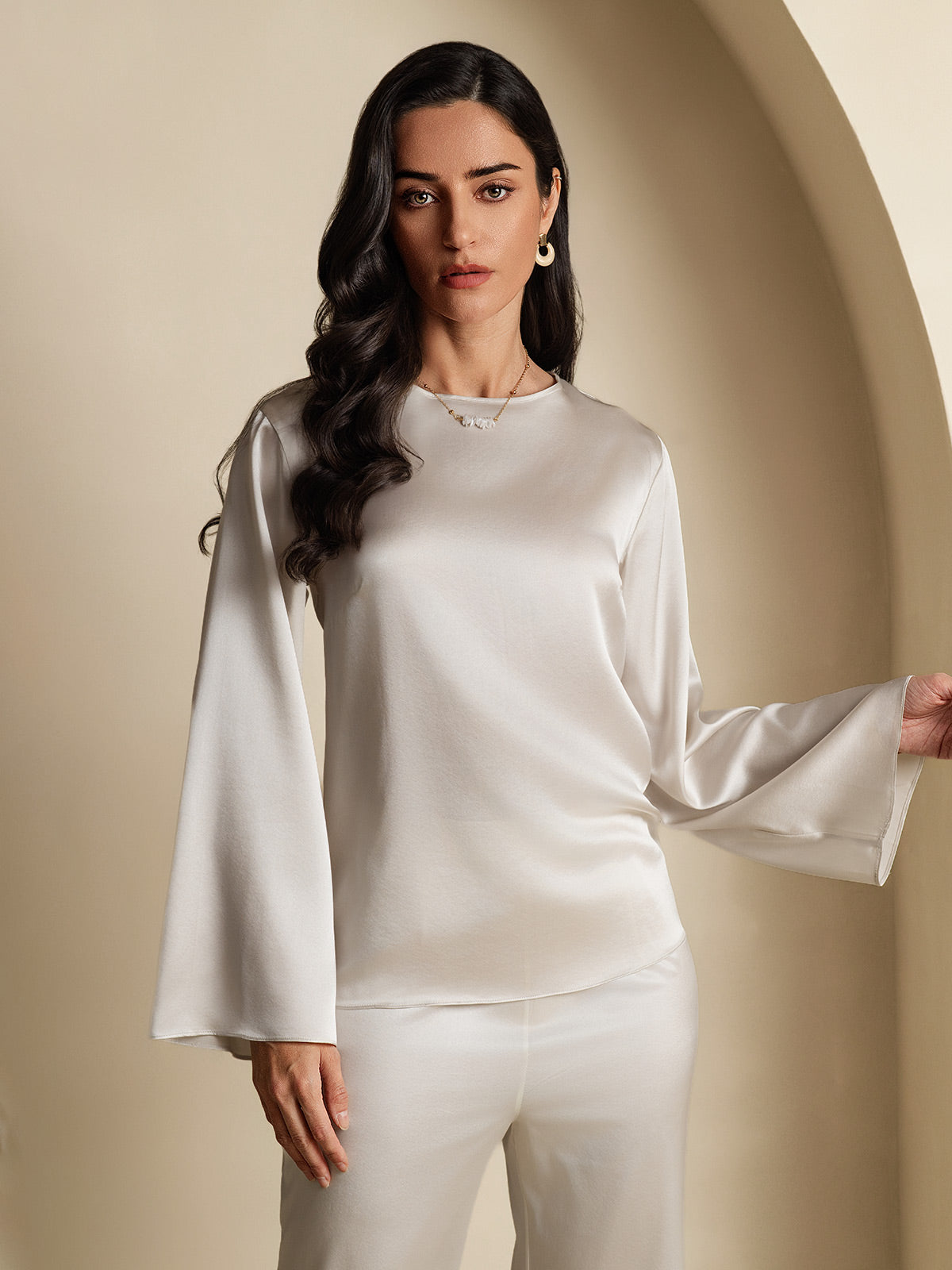 [Lichtgrijs] SilkSilky-NL 19Momme Zijde Ronde Hals Dames T-Shirt 001,