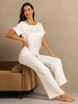 [Wit] SilkSilky-NL 19Momme Korte Mouw Dames Pyjama Set 007