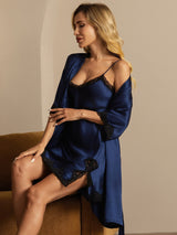 [Donkerblauw] SilkSilky-NL Halve Mouw V Hals Nachthemd&Kamerjas Set 007