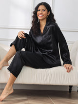 [Zwart] SilkSilky-NL Long Sleeve Lapel Collar Dames Pyjama Set 001