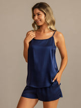 [Donkerblauw] SilkSilky-NL 19Momme Zijde Mouwloos Ronde Hals Cami-Set 007