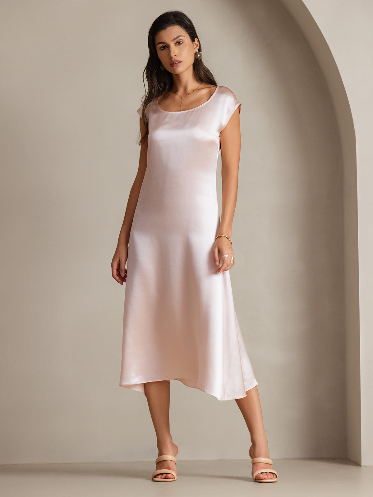 SilkSilky-NL 19Momme Zijde Mouwloos Ronde Hals Jurk Roze 006