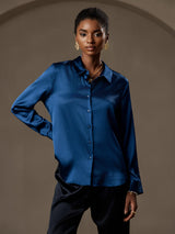 [Koningsblauw] SilkSilky-NL Long Sleeve Lapel Collar Dames Blouse 001
