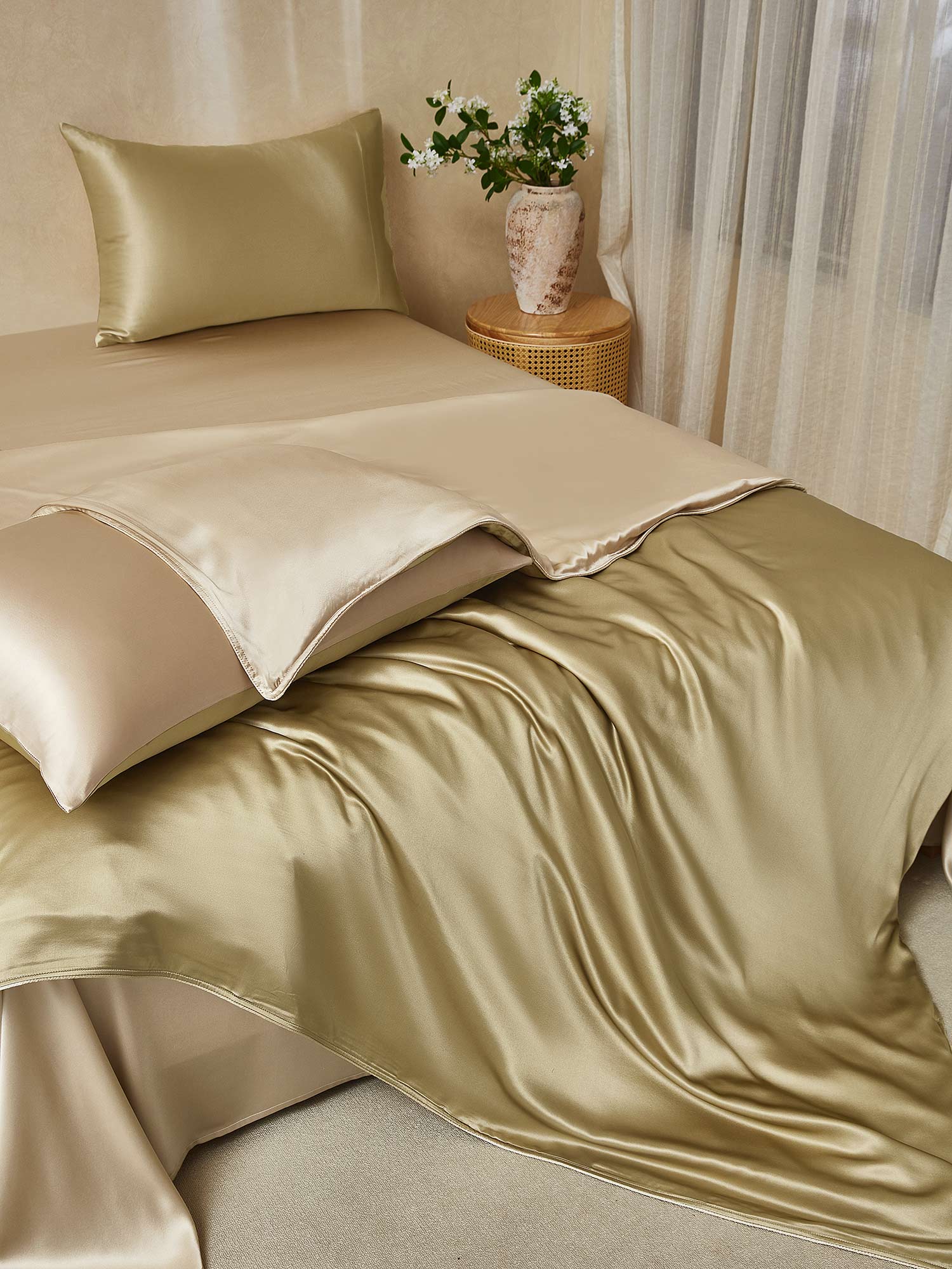 [Beige+Khaki] SilkSilky-NL 19Momme Bedding Set 001,