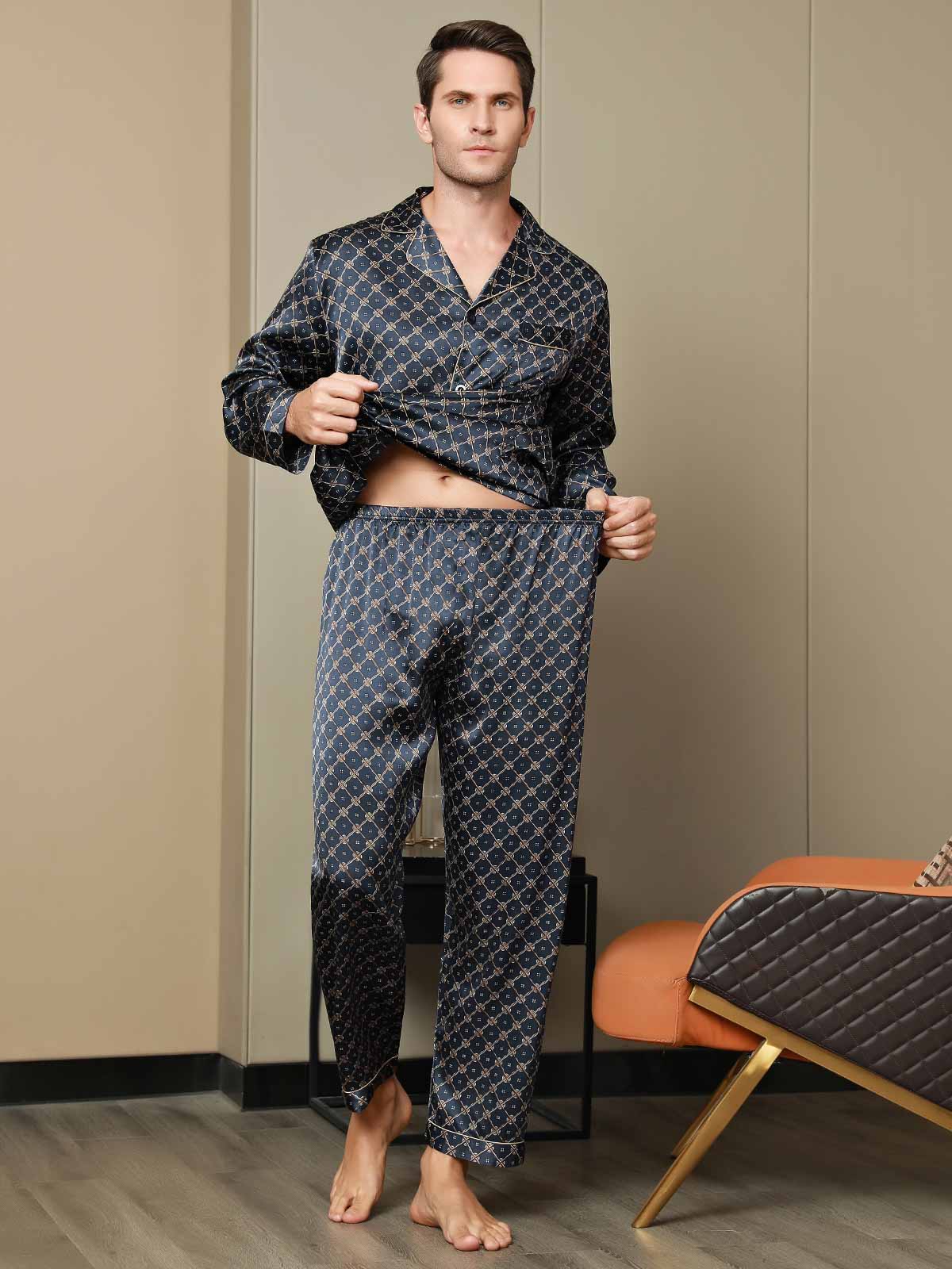 [Donkerblauw] SilkSilky-NL Pure Silk Lange Mouw Revers Heren Pyjama Set 008