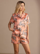 [Roze Kat] SilkSilky-NL Short Sleeve Lapel Collar Dames Pyjama Set 001